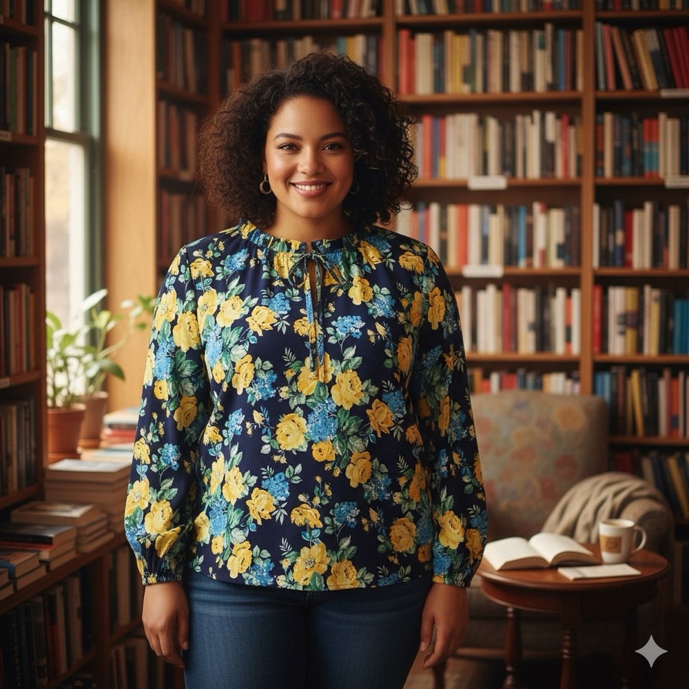 Floral Blouse - Navy, Yellow, and Blue